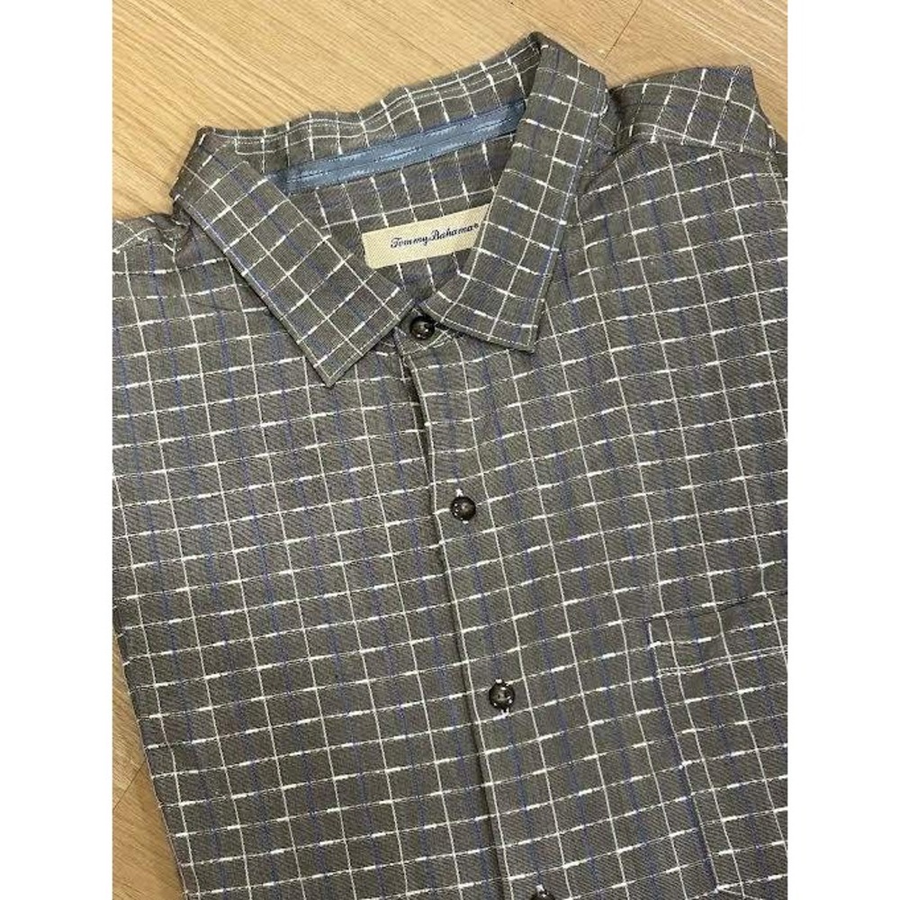 Tommy Bahama 3XT Silk Cotton Grid Button Down Shirt Brwn Blue Plaid Short Sleeve